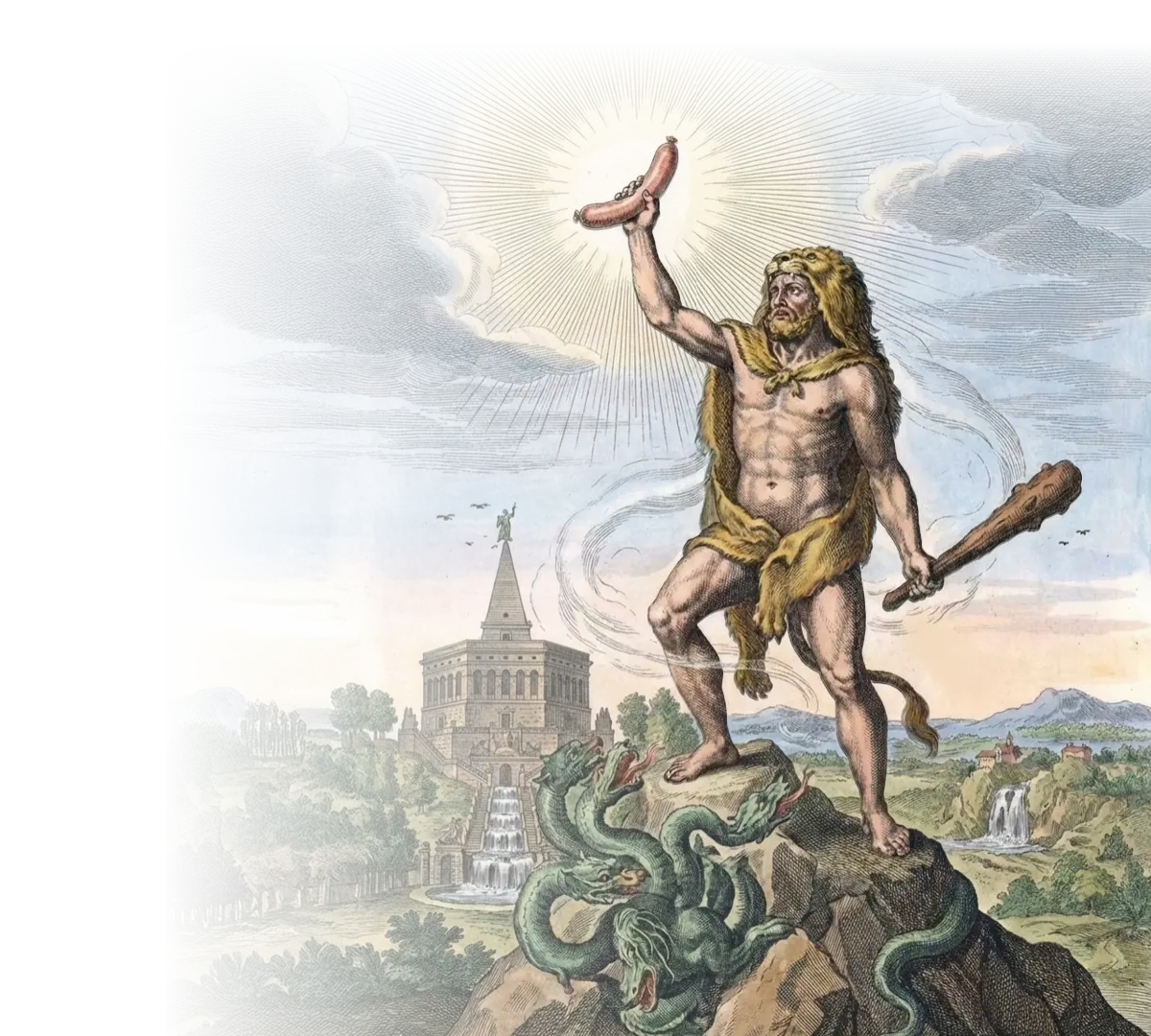 Fantasievolle antike Szene mit einem Helden im Löwenfell, der eine Wurst wie ein Symbol emporhebt, während unter ihm ein mehrköpfiges Wesen liegt